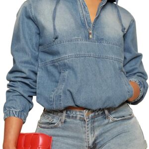 Aomice Women's Half Zip Denim Hoodie Pullover Jackets Jean Tops