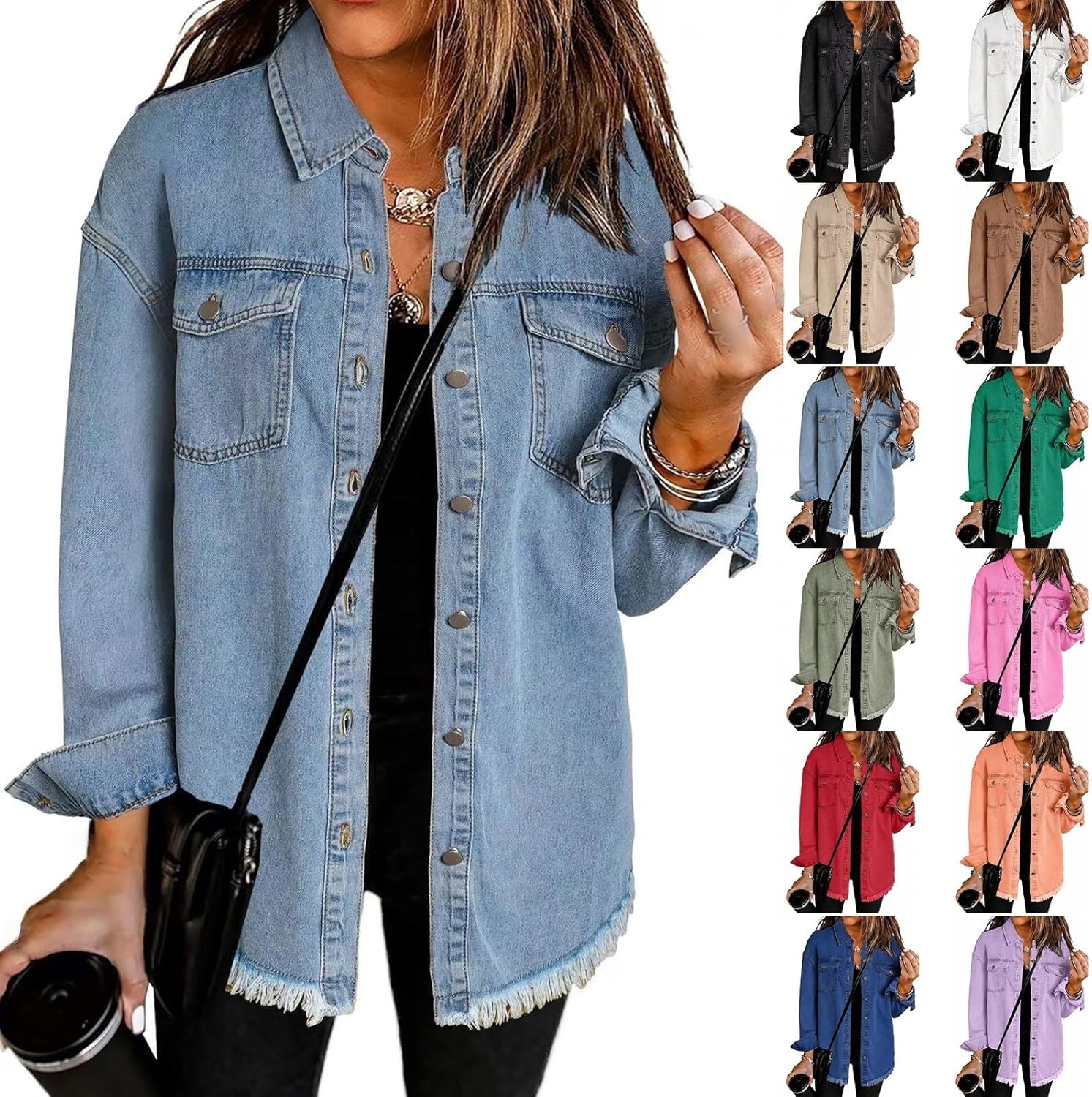 Weinexra Denim Jacket for Women Oversized Boyfriend Jean Jacket Button Up Frayed Hem Shacket Distressed Ripped Denim Jackets
